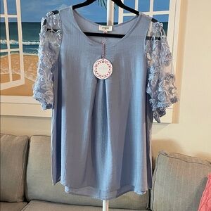 Umgee Women's Blue Top with 3D Floral Lace Sleeves
